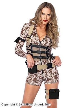 Female soldier, costume romper, front zipper, buckle, desert camouflage